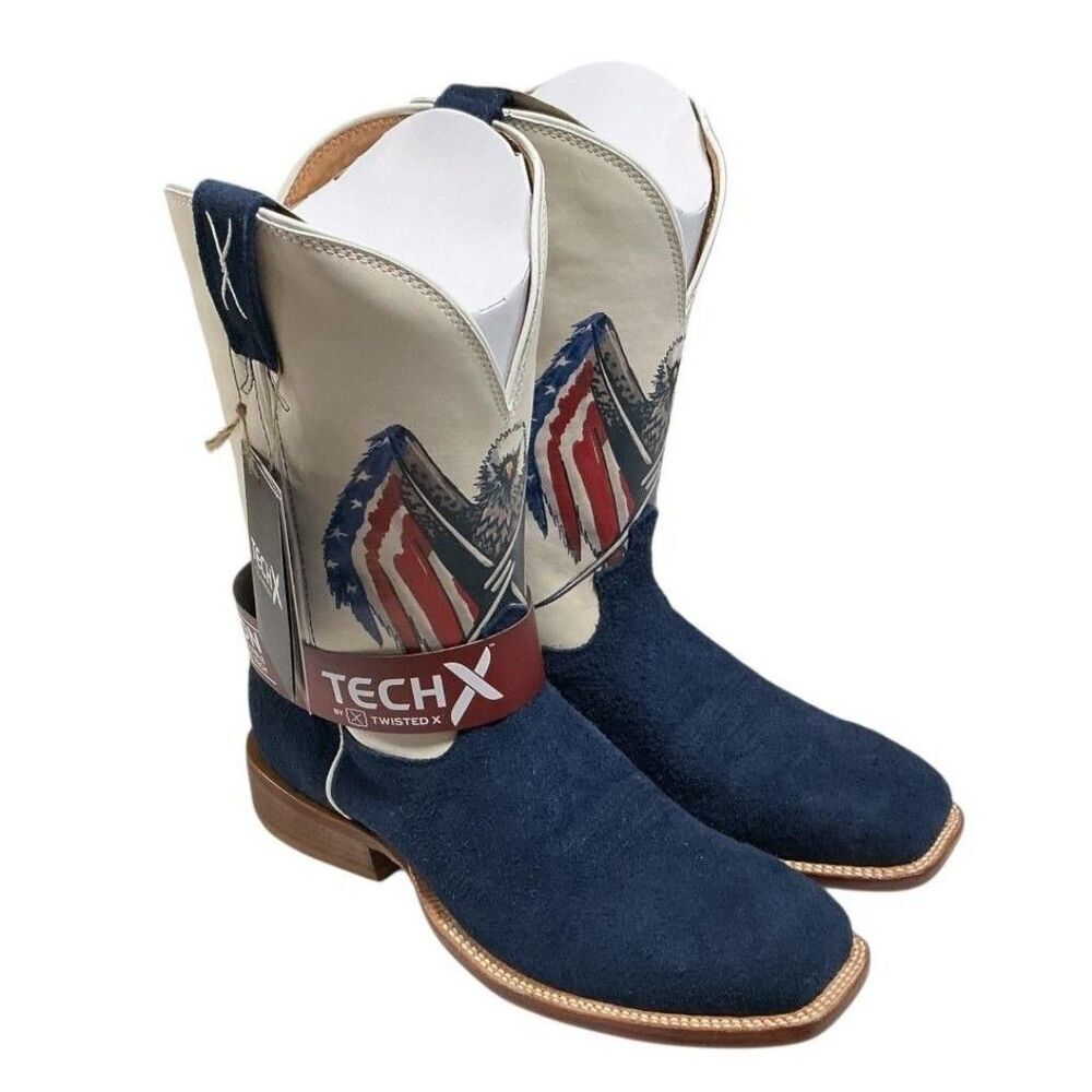 Twisted X Cowboy Boots Mens 9.5 Navy Flag Eagle Tech X Suede Square Toe Western